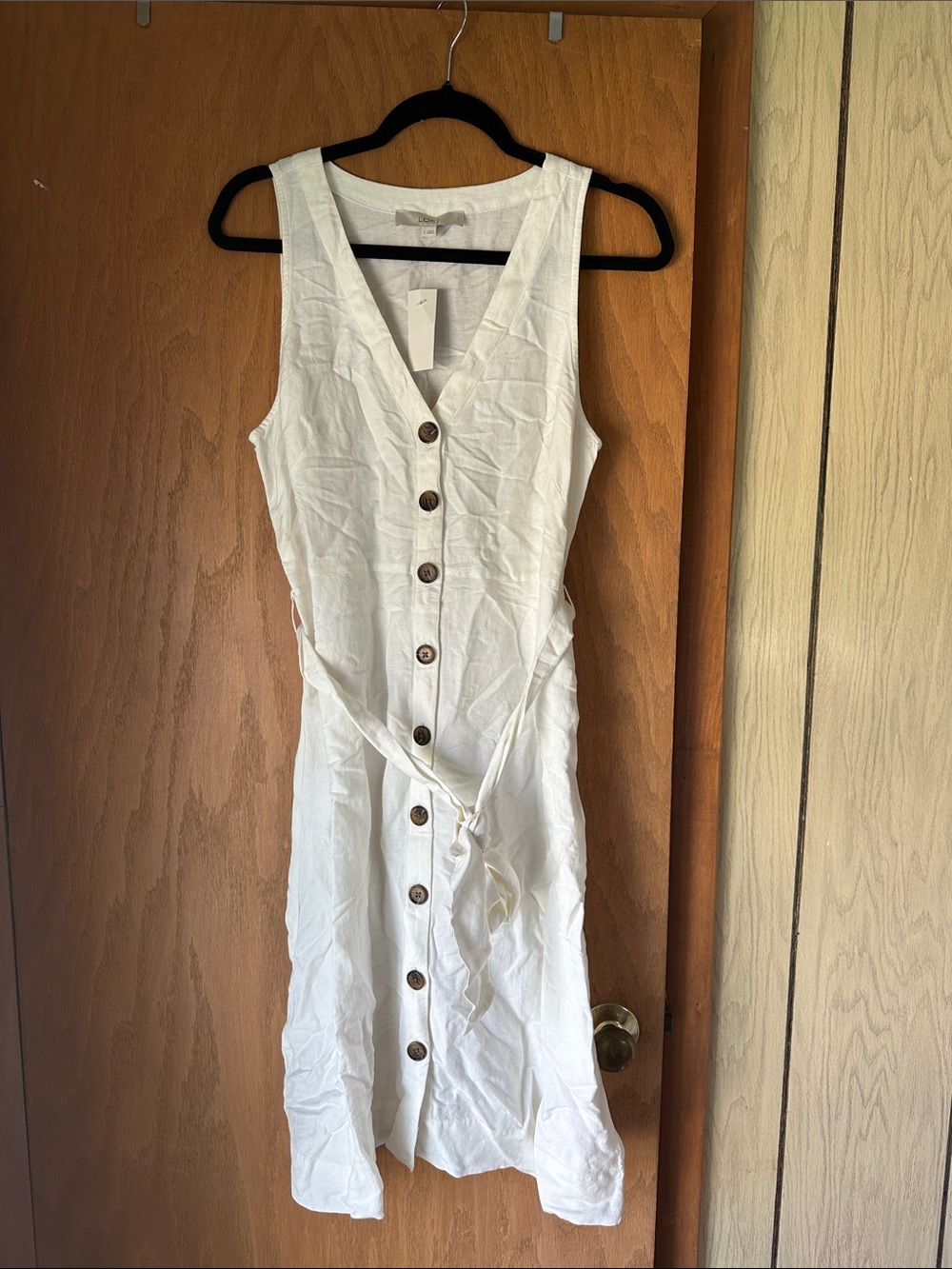 LOFT White Sleeveless Button-Front Tie-Waist Linen Dress